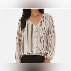 Striped V-Neck Blouse With Smocked Bottom